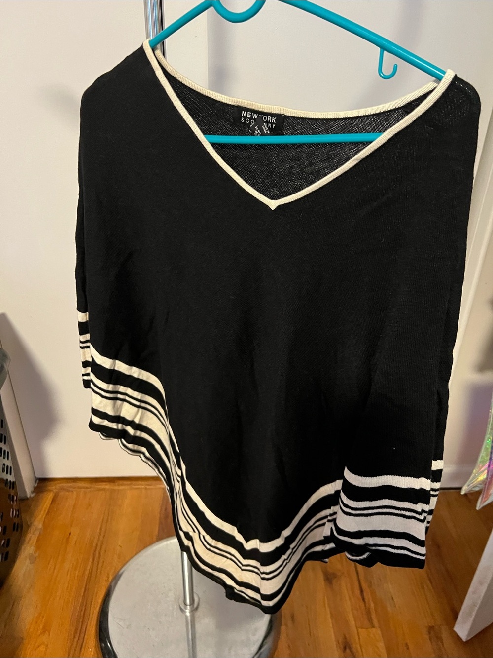 New York & Company Black V-Neck Striped Hem poncho Sweater